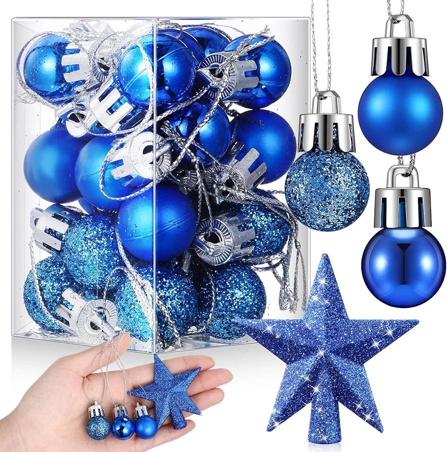 25 Pcs Mini Christmas Balls Ornaments Set Christmas Tree Decoration 0.79 Inch Christmas Ball Christmas Tree Topper Star Xmas Tree Hanging Ornaments for Party Decoration(Blue)
