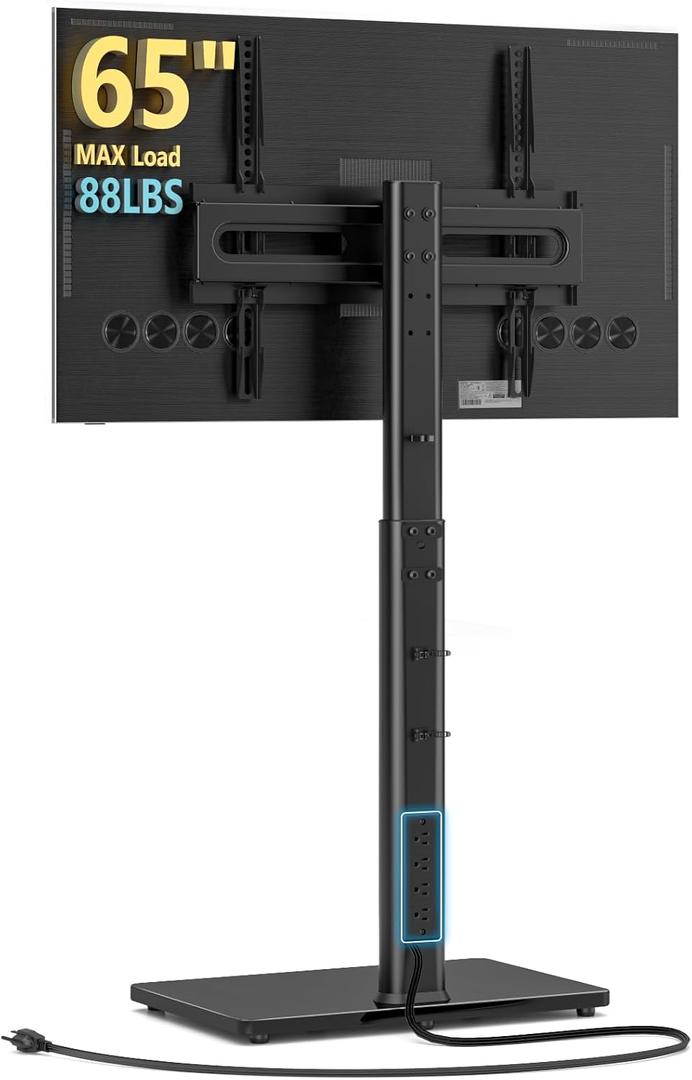 AX WABER Floor TV Stand with Power Outlet, Universal TV Stand Mount for 27-65 inch TV up to 88lbs, 70 Degree Swivel 9 Level Height Adjustable with Tempered Glass Base for Bedroom, Office Black