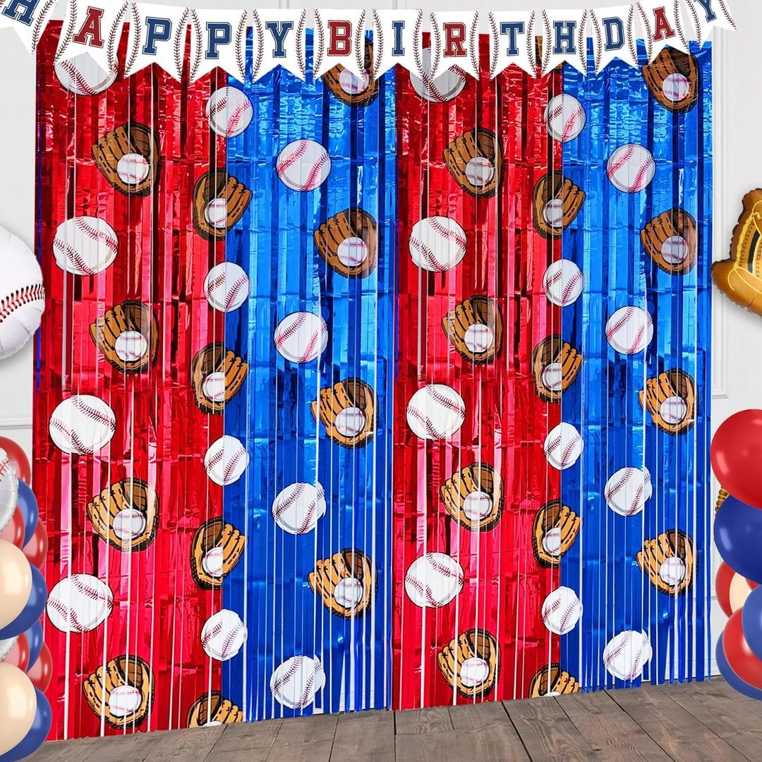 4 Pack Baseball Tinsel Foil Fringe Curtains Backdrop Party Decorations, Blue and White Red Door Streamers Banner Sports Themed Birthday Party Decor Supplies for Boys Favor