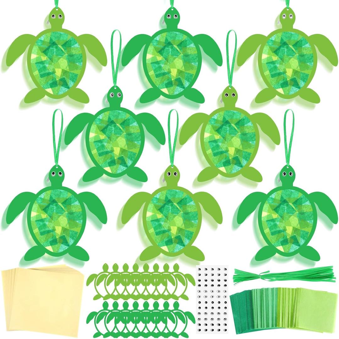 AmazingSpark 30 Pcs Sea Turtle Suncatchers Paper Craft Set Ocean Tortoise DIY Stained Glass Effect Tissue Paper Kits Gift Bulk for Summer Activities Art Party Decor