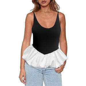 GGYKL Women's Scoop Neck Spaghetti Strap Tank Top Sleeveless Babydoll Peplum Top Bubble Hem Ruffle Shirt Going Out Camisole Black and White, Medium