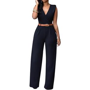 Pink Queen Jumpsuits for Women Dressy V Neck Sleeveless Wide Leg Long Pant Rompers Business Casual Outfits, Large