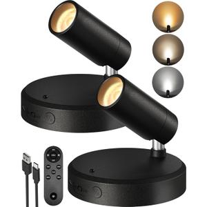 EZVALO Spotlights Indoor with Remote, 5500mAh Rechargeable Picture Lights, Wireless Uplights with Timer & Dimmable, 3-CCT, Accent Lighting for Plant, Art, Painting, Gallery, Wall Decor (2-Pack Black)