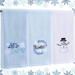 3 Pcs Winter Hand Towels for Bathroom Winter Blue Snowflake Hand Towels Snowman Embroidered 100% Cotton Soft Absorbent Decor for Holiday Kitchen, 13.8 x 29.5'