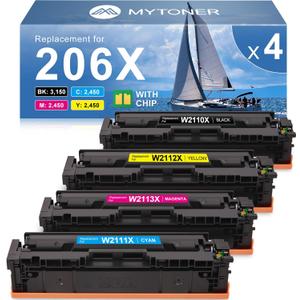 MYTONER 206X Toner Cartridges 4 Pack High Yield (with Chip) Compatible Replacement for HP 206A 206X for Color Pro MFP M283fdw M283cdw M282nw Pro M255dw M255nw M283 M255 M282 Printer W2110X W2110A (206X Black Cyan Magenta Yellow)