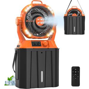 20000mAh Misting Fan with 6L Bucket & 4 Spray Misters, Waterproof Outdoor Cooling Fan for Camping/Patios - Remote Control, 4 LED Light, Stepless Speed & 56H Runtime, Rechargeable Battery, Hanging Hook