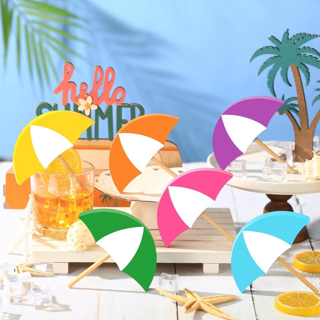 Jetec 6 Pcs Summer Decorations for Home Wooden Umbrella Tiered Tray Decor Colorful Umbrella Centerpieces for Tables Sun Shade Parasol Block Signs Farmhouse Decorative Brolly for Home Shelf Decor