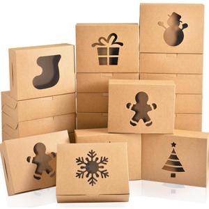KPOSIYA 36 Pack Christmas Cookie Boxes for Gift Giving, 9x6x3 Inch Brown Bakery Boxes with Window, Large Holiday Cookie Tins with Lids, Small Xmas Treat Boxes for Pastry Dessert Cupcakes Packaging