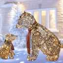 Lighted Polar Rattan Bear Family 2PCS - HOYECHI Large All-Weather Light Up Outdoor Christmas Décor for Front Yard and Lawn with 140 LED Lights, Zip Ties, and Ground Stakes