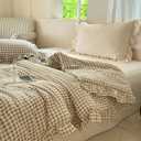 NSNLGSGC Tan Ruffle Gingham Comforter Set Queen, Pre-Washed Ruffled Taupe Plaid Checked Comforter Bedding, 3 Pieces Vintage Farmhouse Grid Bedding Set(Tan Gingham, Queen)