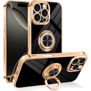Dinick Designed for iPhone 16 Pro Case with Ring Holder Soft TPU Bumper Glitter Plated Slim Cover for Women Men Finger Stand for iPhone 16 Pro Case Black and Gold