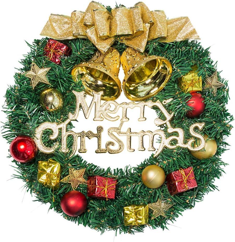 Christmas Wreath Reef for Front Door Window 13 Inch Pine Artificial Garland with Bowknot, Bells, Deer, Red Berries, Flower Gifts for Christmas Party Decor (Gold)