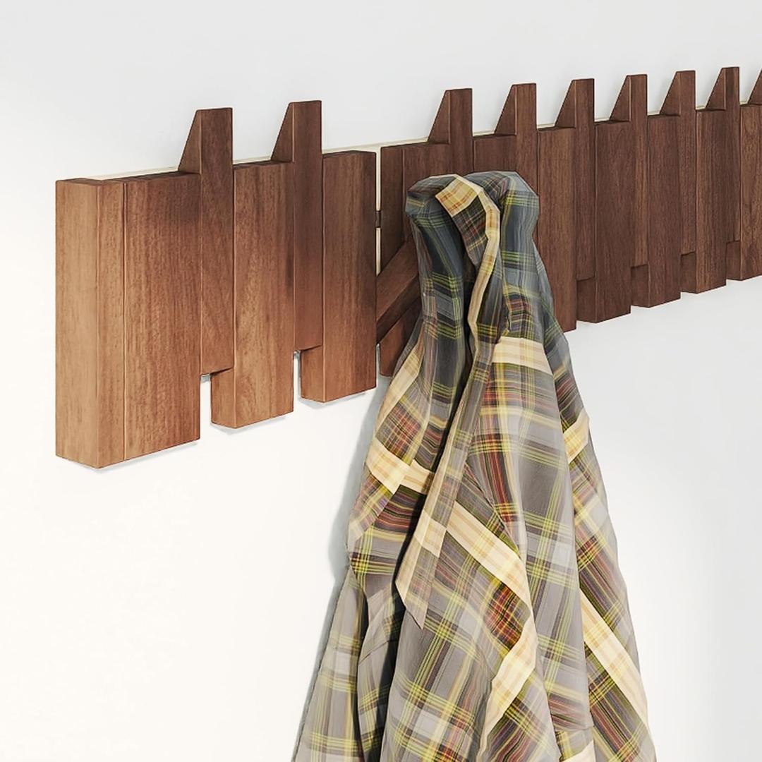 MYOYAY Wall Mounted Piano Coat Rack, Wood Coat Rack Wall Mount with 10 Hooks, Flip Down Wall Hook Rack for Entryway Coats Bags Hats Umbrella Art, Space Saving