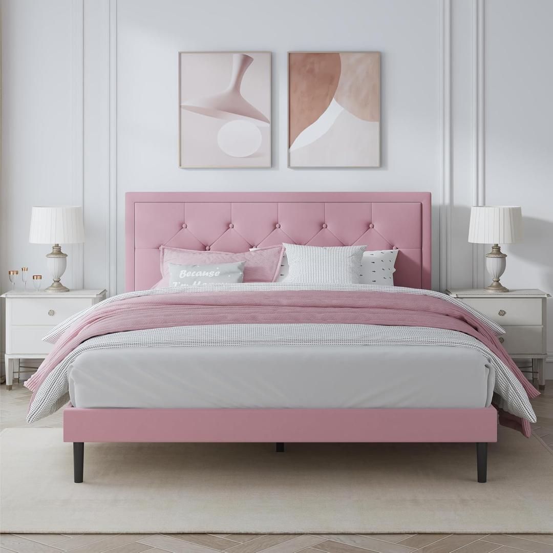 Queen Size Platform Bed Frame with Upholstered Velvet Headboard, Button Tufted & Rivet Design, Mattress Foundation with Wooden Slat Support, No Box Spring Needed, Noise Free, Easy Assembly