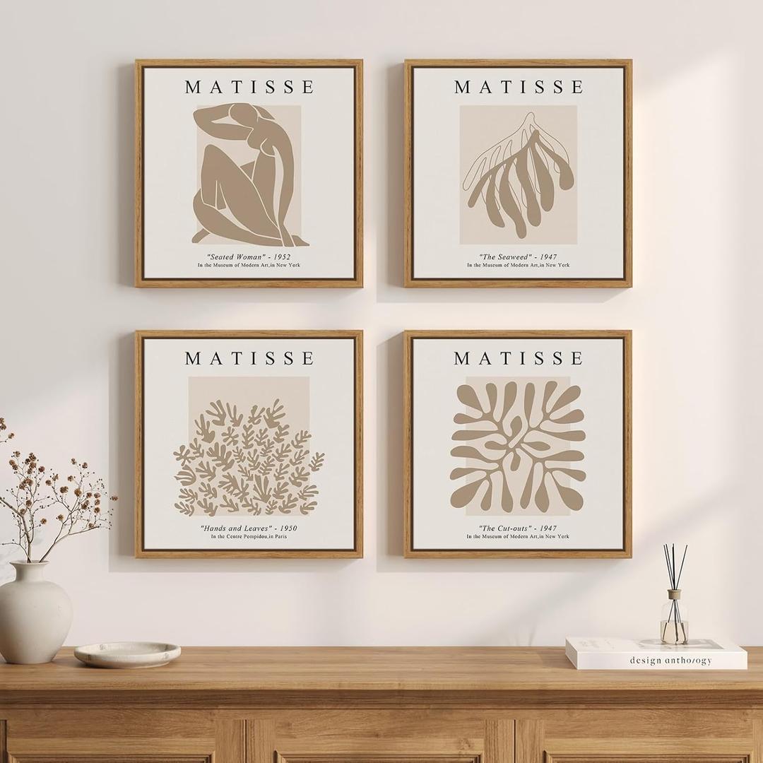 Framed Abstract Wall Art, Set of 4 Piece Modern Beige Canvas Picture Artworks Decor, Matisse Minimalist Neutral Painting Prints for Living Room Bedroom Cabinet and Dining Room (12" H x 12" W)