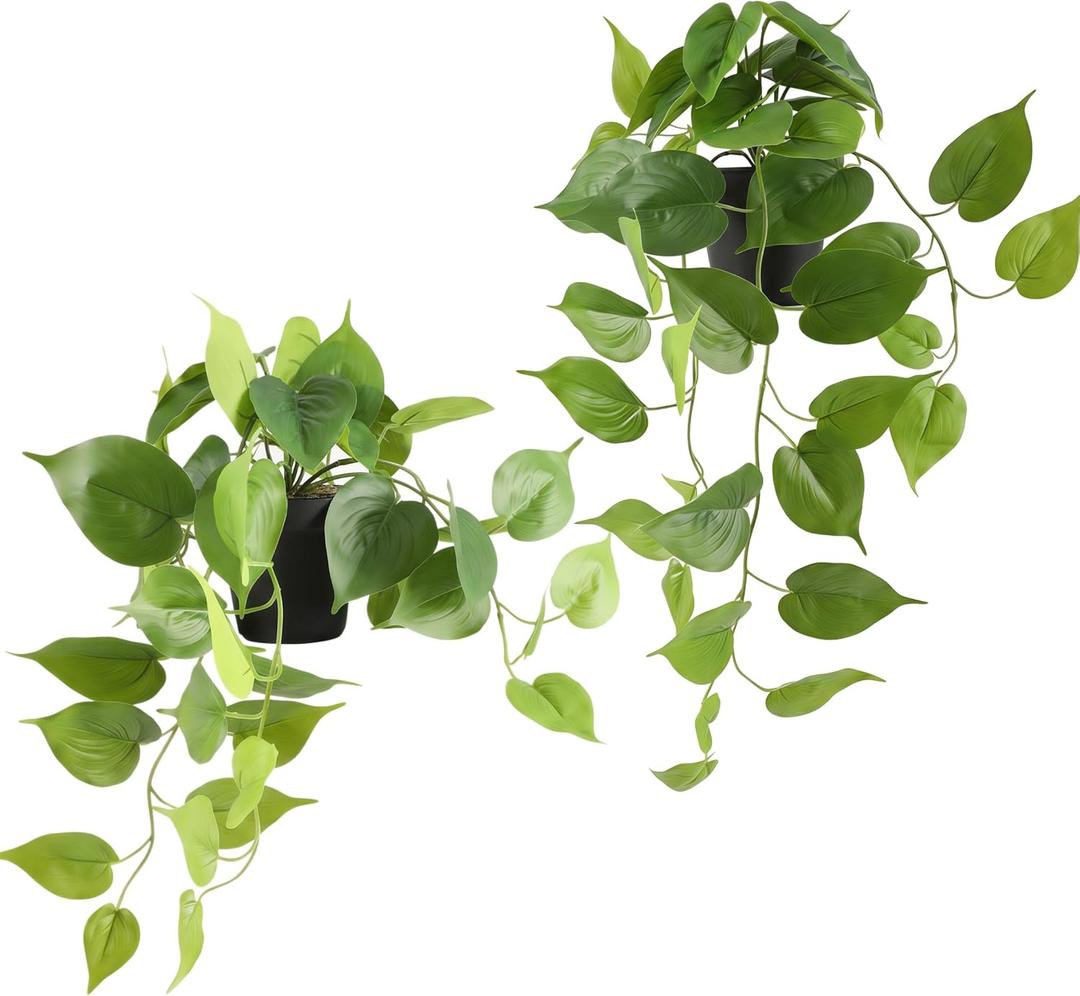 Artificial Pothos Hanging Plants 2 Pack with Pots, Realistic Fake Hanging Plants Indoor, Faux Greenery Vines for Shelf, Bathroom, Living Room, Office Decor