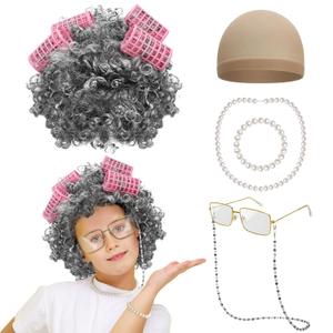 Old Lady Costume for Girls, 100 Days of School Costume for Kids, Old Lady Wig Glasses Wig Cap Necklace Bracelet Accessories (Black white-Pink Hair Rollers)