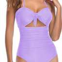 Tempt Me Women Sexy Cutout One Piece Swimsuits Tummy Control High Waisted Halter Front Tie Knot Bathing Suit (Small, Purple 2)
