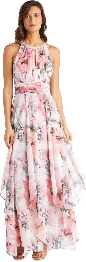 R&M Richards Women's Floral Chiffon Maxi Dress - Sleeveless Halter Neck & Hankie Hem Flowy Daytime Spring Summer Wear (12, Pink)