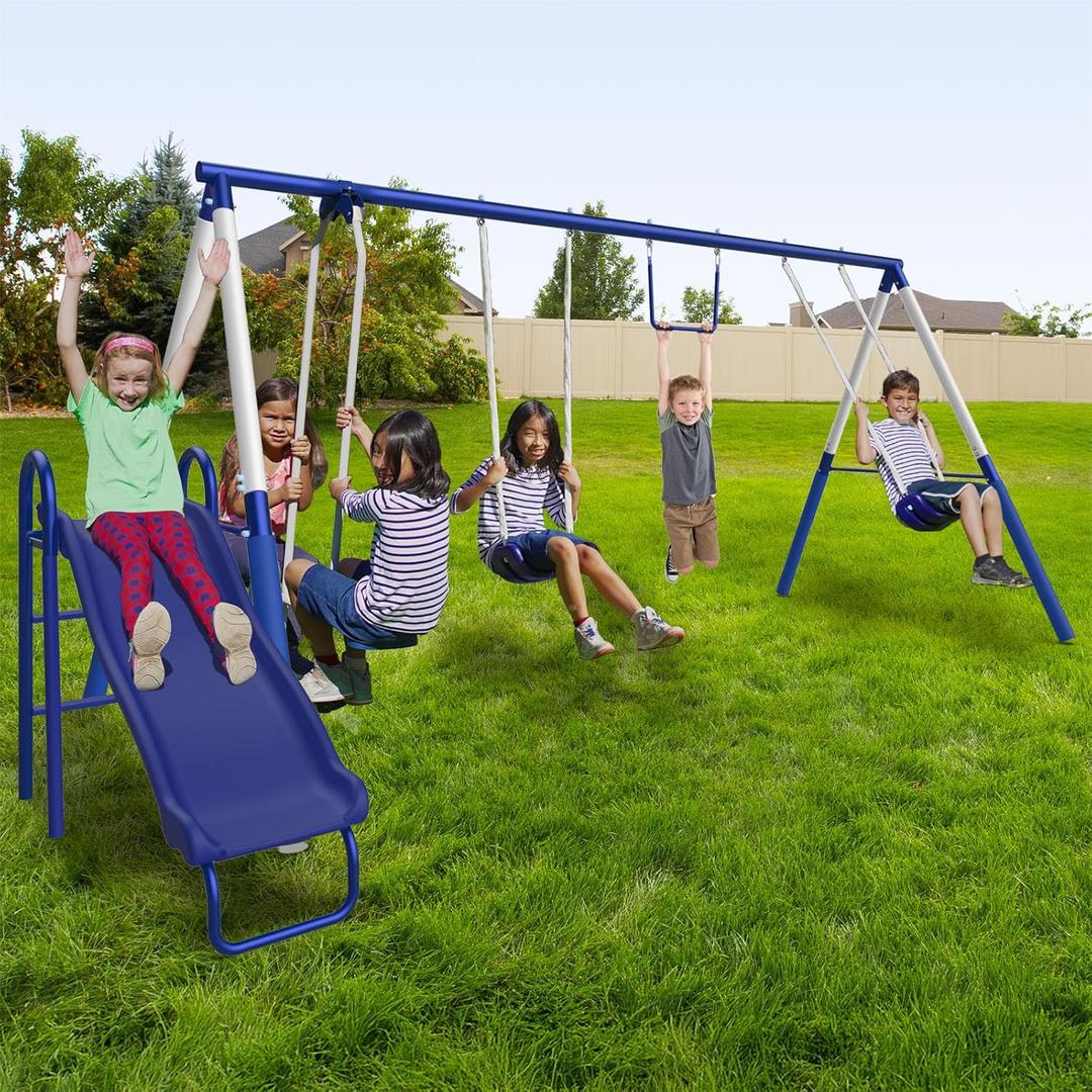 Sportspower Arcadia Metal Swing Set for Kids  Trapeze, 2-Person Glider, 5ft Slide, Anchor Kit, 6.1' Durable Steel Frame  Outdoor Backyard Playset with 600 lb Capacity