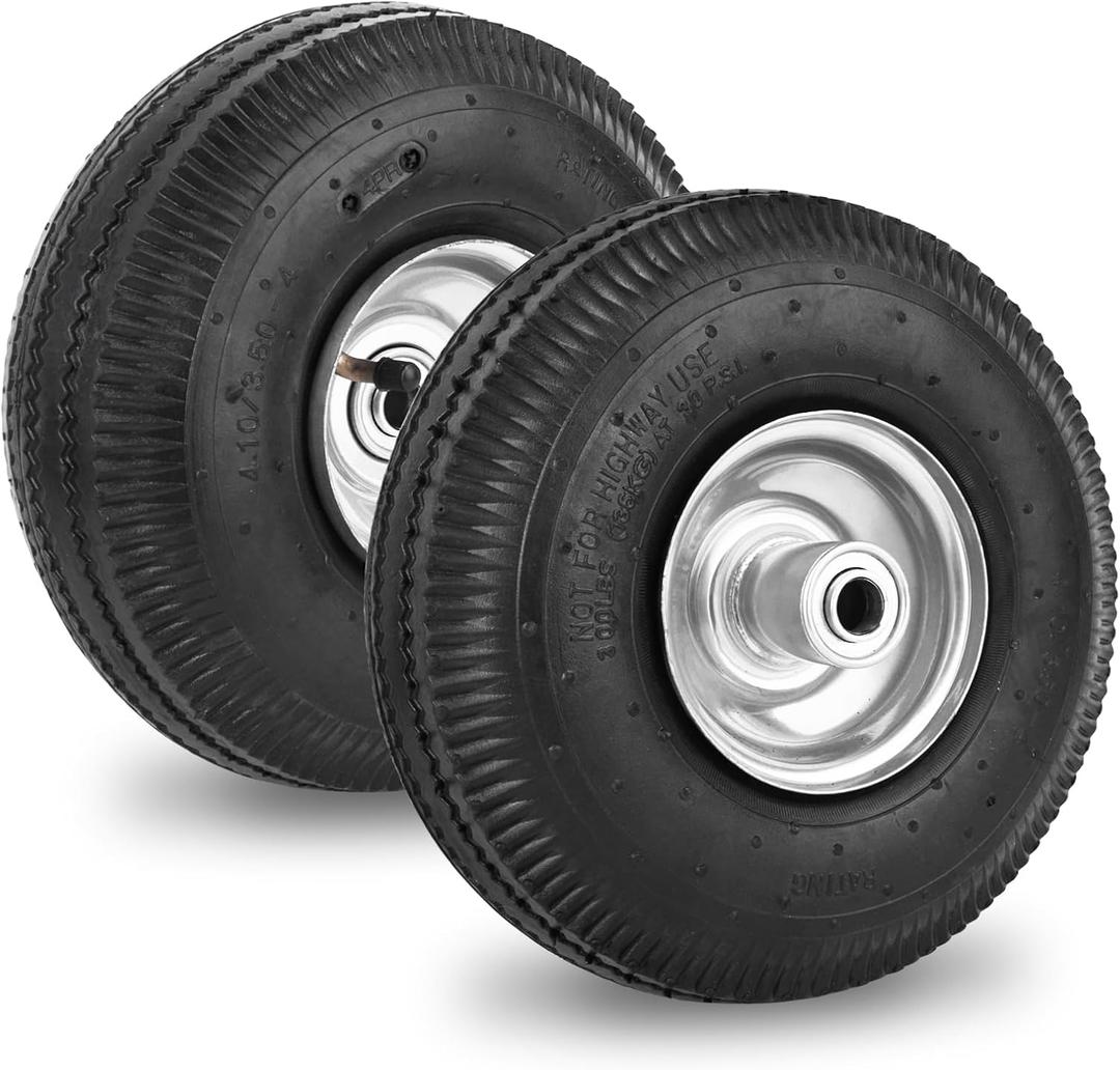 RRQ 10 Inch Pneumatic Wheel 4.10/3.50-4 Tire, 10" Pneumatic Wheels with 5/8" Bearings,2.2" Offset Hub for Garden Cart, Hand Truck, Lawn Cart, Mower (2 Pack)