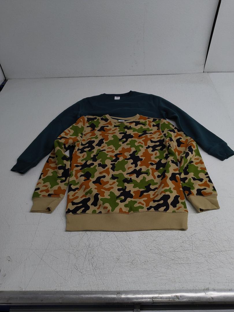 Essentials Boys' Fleece Crew-Neck Sweatshirts, Pack of 2, Dark Green/Green Camo, X-Large