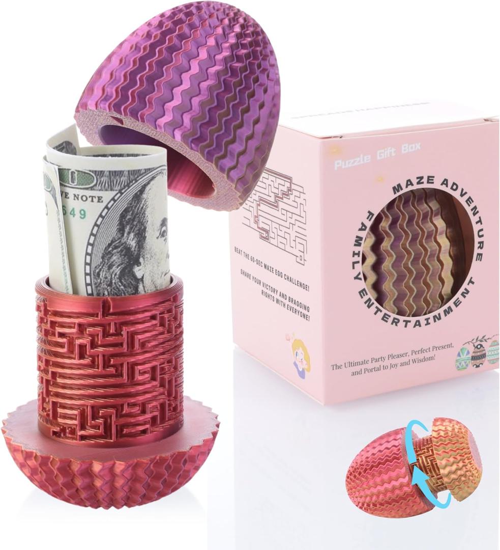 Egg Shaped Cash Maze Puzzle Box - Play Money for Kids, Teens, Adults,Money Gift Ideas for Birthday,Christmas,Easter & Holidays.Money Box for Cash Gift with Hidden Compartments,Fun Way to Give Money (Red+gold+purple)