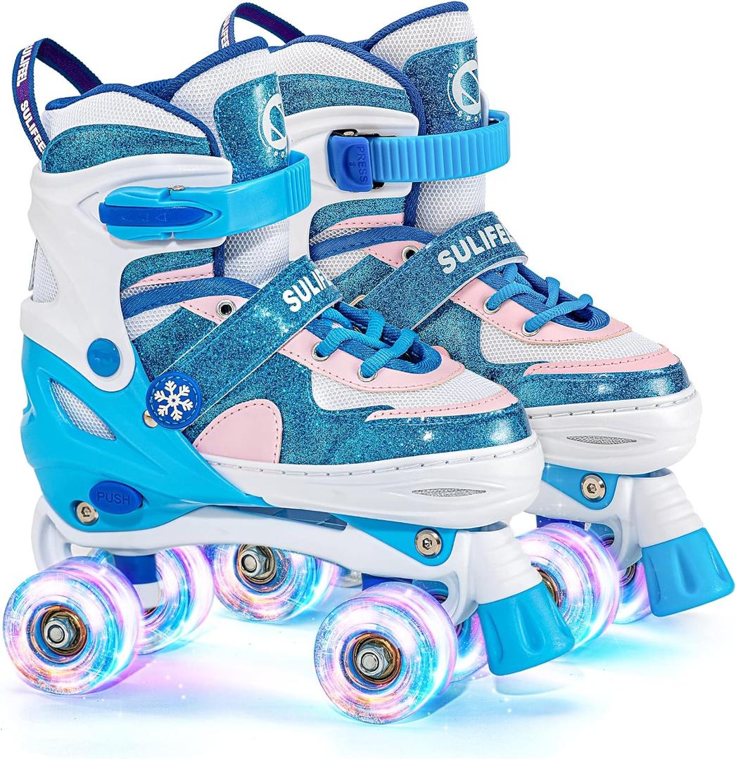 SULIFEEL Rainbow Unicorn 4 Size Adjustable Light up Roller Skates for Girls Boys for Kids (Medium - Big Kid)