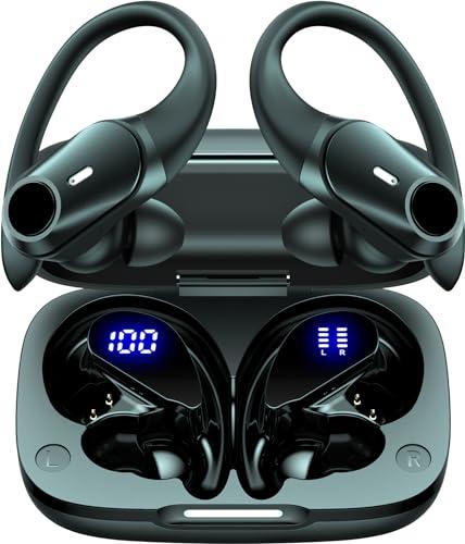 Active Noise Cancelling Ear Buds Wireless Earbuds 80H Playtime Bluetooth Headphones Over Ear Hooks Earphones with Power Display Case Hi-Res Stereo & Clear Calls for Sports Running Gym Workout Black