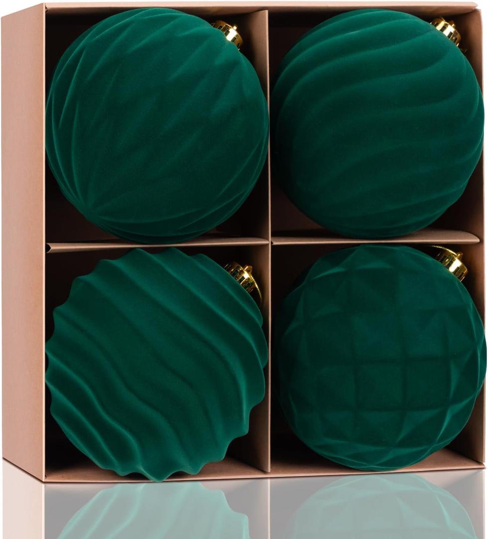 WHGJ 6 Inch Large Dark Green Velvet Christmas Ball Ornaments Set, 4 Pcs Big Flocked Deep Emerald Shatterproof Hanging Bulbs for Xmas Tree Holiday Party Outdoor Decorations