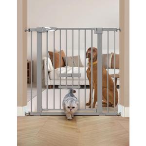 BABELIO 36 Inch Extra Tall Baby Gate with Cat Door, 29-40" Metal Pet Door for Stairs, Doorways, House, Auto Close, Easy Walk Thru, Gray