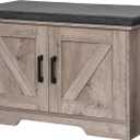 HOMSHO 2-Tier Storage Bench, 27.6" Wide Shoe Bench with Padded Seat Cushion, Entryway Bench with 2 Barn Doors and Adjustable Shelf, Greige