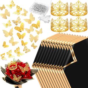 Ctosree 276 Pcs Bouquet Wedding Corsages Pins for Flower Crown Cake Topper Wrapping Paper Bulk and 3D Butterfly Wall Decor for Flower Shop Birthday Wedding DIY Craft(Gold)
