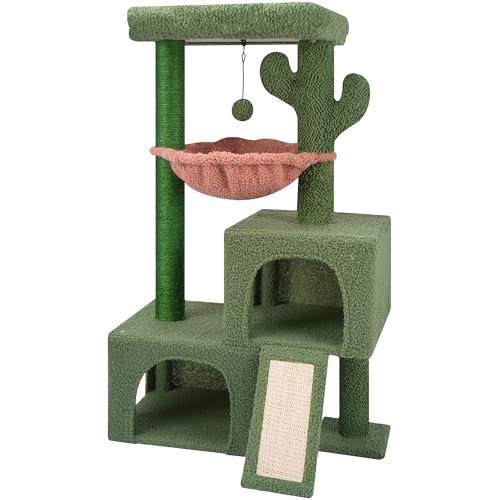 AIWIKIDE 37.4" Cactus Cat Tree Tower with Twin Cat Condos for Indoor Cats, All-in-One Activity Center with Cat Scratching Post Cozy Sleeping Perch Hammock and Toy Balls,Green …