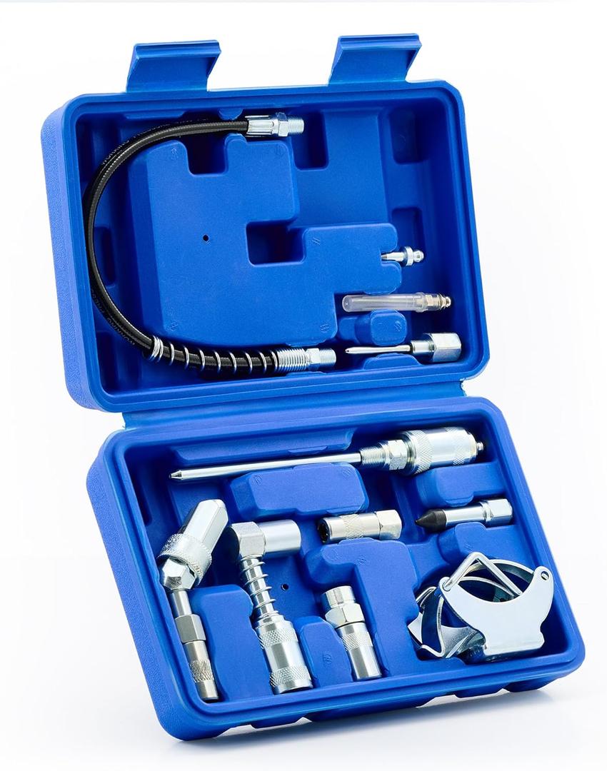 Orion Motor Tech Grease Gun Accessory Kit, 11 Piece Grease Gun Coupler Set for Hard to Reach Grease Fittings, Heavy Duty Lubrication Grease Zerk Fitting Adapters with Grease Gun Hose Holder