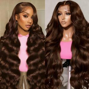 200 Density Body Wave Chocolate Brown Human Hair Wig 13x6 HD Lace Front Wigs Human Hair Pre Plucked Colored Frontal Wigs Human Hair Chocolate Brown Lace Front Wig For Women 34 Inch