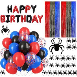 Jaciya Spider Themed Birthday Decorations Happy Birthday Banner, Red Black Blue Balloons and Foil Curtains, Spider Stickers