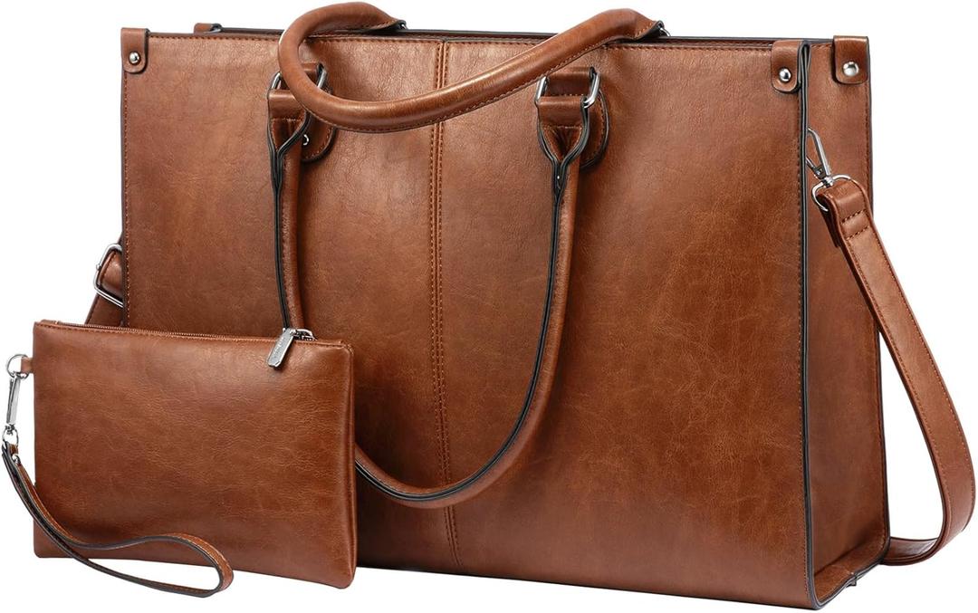 LOVEVOOK Laptop Tote Bag for Women, 17.3 Inch Large Capacity Vintage Leather Work Computer Bag, Business Casual Shoulder Handbag, Dark Brown