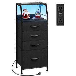 WLIVE Night Stand with Charger Station, LED Nightstand with 4 Fabric Drawers and Storage Shelf, Tall Dresser for Bedroom, 37.48" H Bedside Table with 3 USB Ports and Outlets, Black