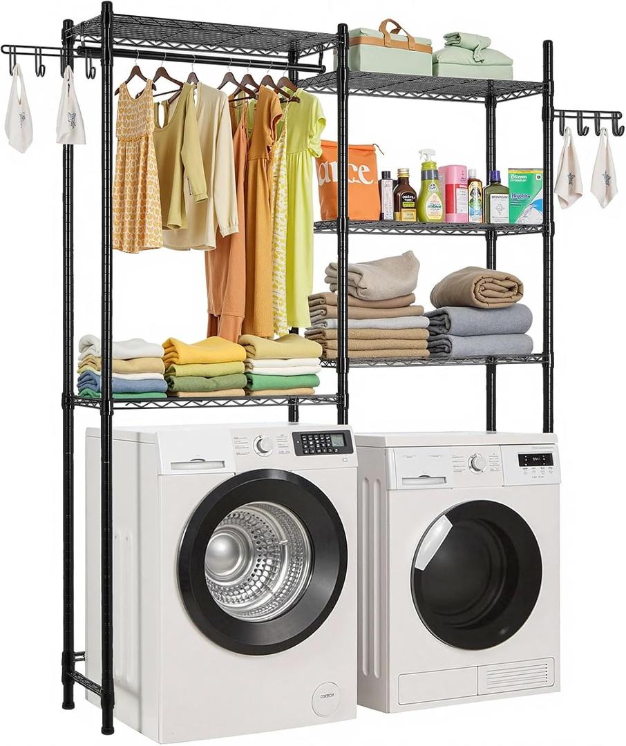 VEVOR Over the Washer and Dryer Storage Shelf, 5 Tier Laundry Room Drying Rack with Hanger Rod and Hooks, Adjustable Over Washer and Dryer Shelves, Laundry Room Shelf Storage Space Saver, Black