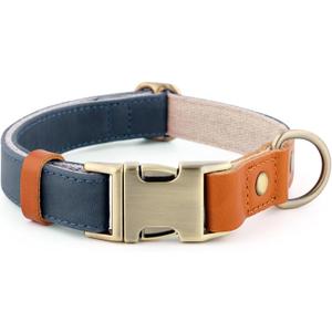 Plutus Pet Genuine Leather & Hemp Dog Collar Adjustable Heavy Duty Pet Collar with Quick Release Metal Buckle, Soft & Stylish for Puppy and Small, Medium, Large Dogs (Blue, L)