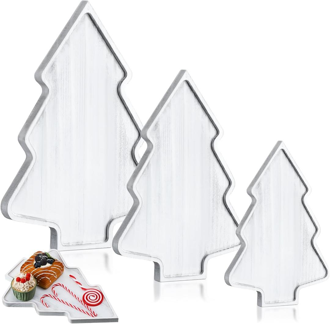 Sliner 3 Pcs Christmas Wooden Serving Platter Tray Christmas Dishes Plate Charcuterie Board with Handles Xmas Tree Hat Deer Decorative Food Display Fruit Plate for Food Cake Snack Nuts(Tree)
