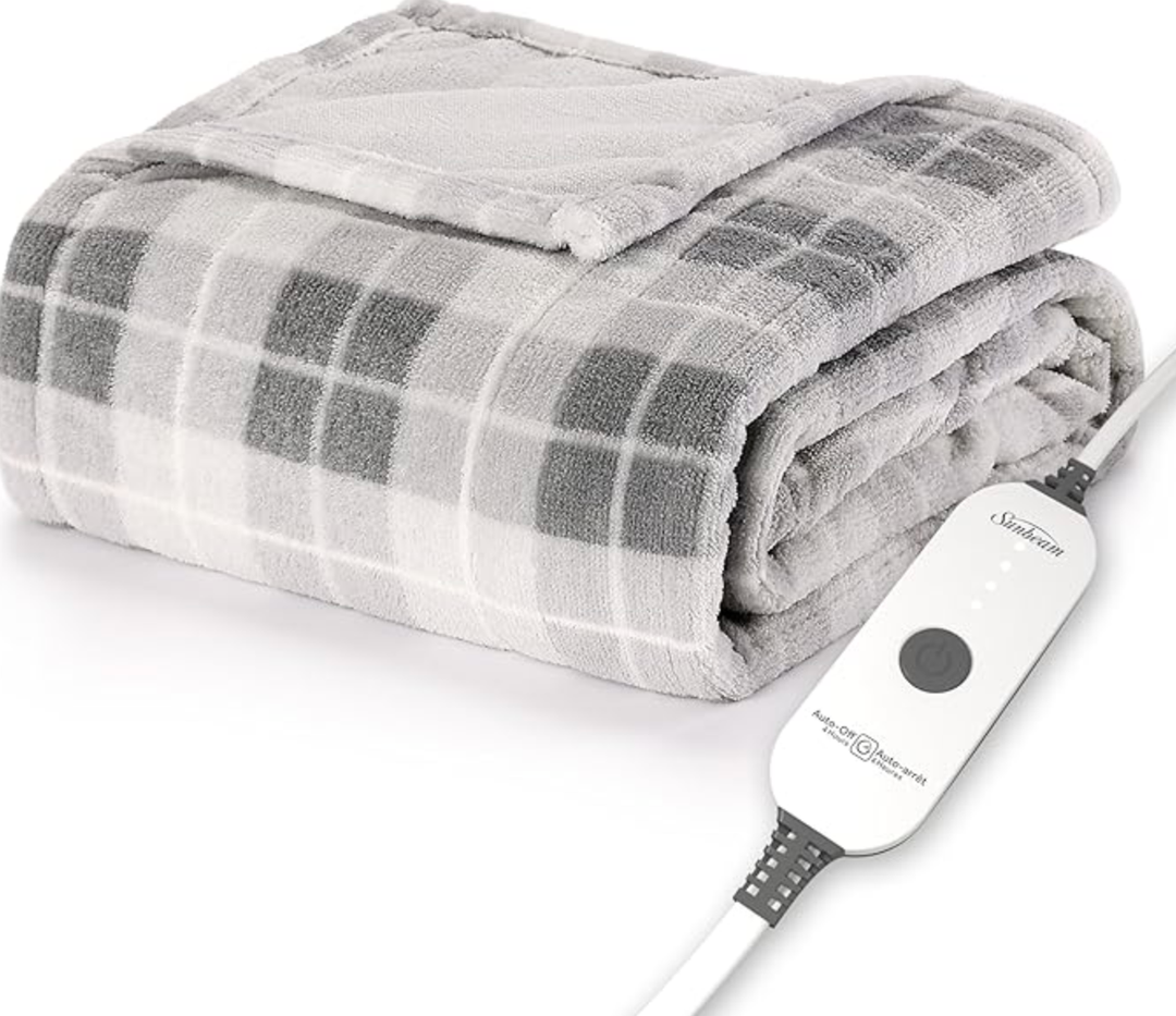 Sunbeam Microplush Sherpa Electric Heated Throw Blanket-Black/White Plaid 60×70"