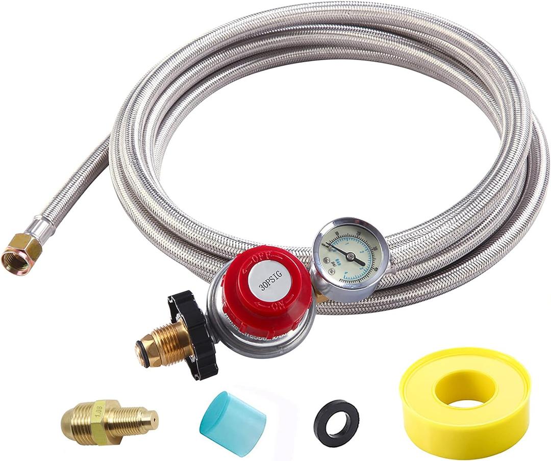 10FT High Pressure Propane Regulator with Hose, Adjustable 0-30 PSI Regulator with Gauge, Stainless Steel Braided Hose, Connect 5-100LB POL Propane Tank to Fire Pit Burner Heater Fryer Smoker Griddle