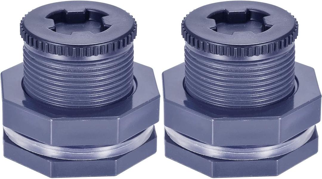 JoyTube 1.25 Female PVC Bulkhead Fitting with Plug Silicon Seal Gasket Water Tank Connector for 2.5 Inch Hole Saw Rain Barrels, Aquariums Pack of 2