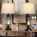 28" Vintage Table Lamps with USB C+A Ports & AC Outlet, Industrial Farmhouse Table Lamp Set of 2, Black Modern Nightstand Beside Lamps with 2 Night Light for Living Room Bedroom(4 LED Bulbs Included)