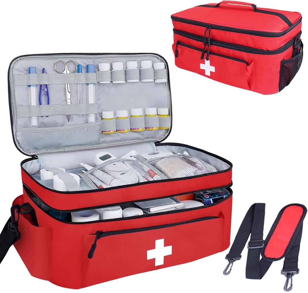 First Aid Bag Empty Large Medical Bag with Shoulder Strap 16x 9 x 7 Medicine Organizer Box Travel First Aid kit Emergency Supplies Storage Bag for Car, Home, Office, Outdoor (Red)