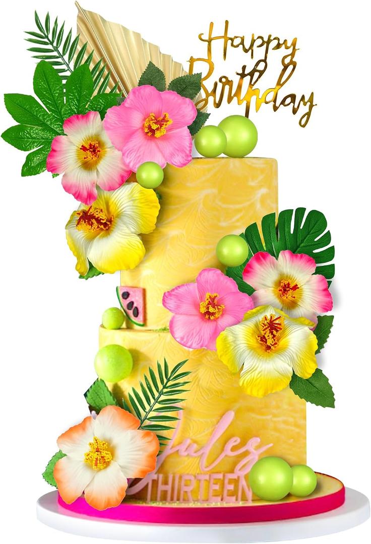 25 PCS Flower Cake Topper Hawaiian Cake Decorations with Palm Leaves Hibiscus Flowers Balls for Hawaii Aloha Jungle Summer Theme Wedding Birthday (Multicolour)