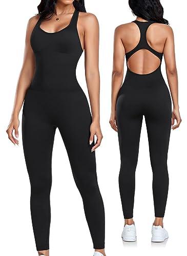 OLCHEE Womens Workout Jumpsuits Seamless Yoga Gym Bodycon Rompers Sexy Racerback Tummy Control Padded Bra Unitard - Black Medium