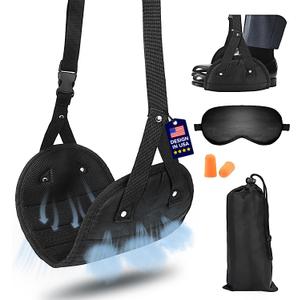 Portable Airplane Foot Hammock(Memory Foam)-Ultimate Comfort Bundle w/Sleep Mask & Ear Plugs, Foot Hammock for Plane Travel Essentials to Relax Your Feet, Airplane Foot Rest Perfect for Long Flight (Black Suit)